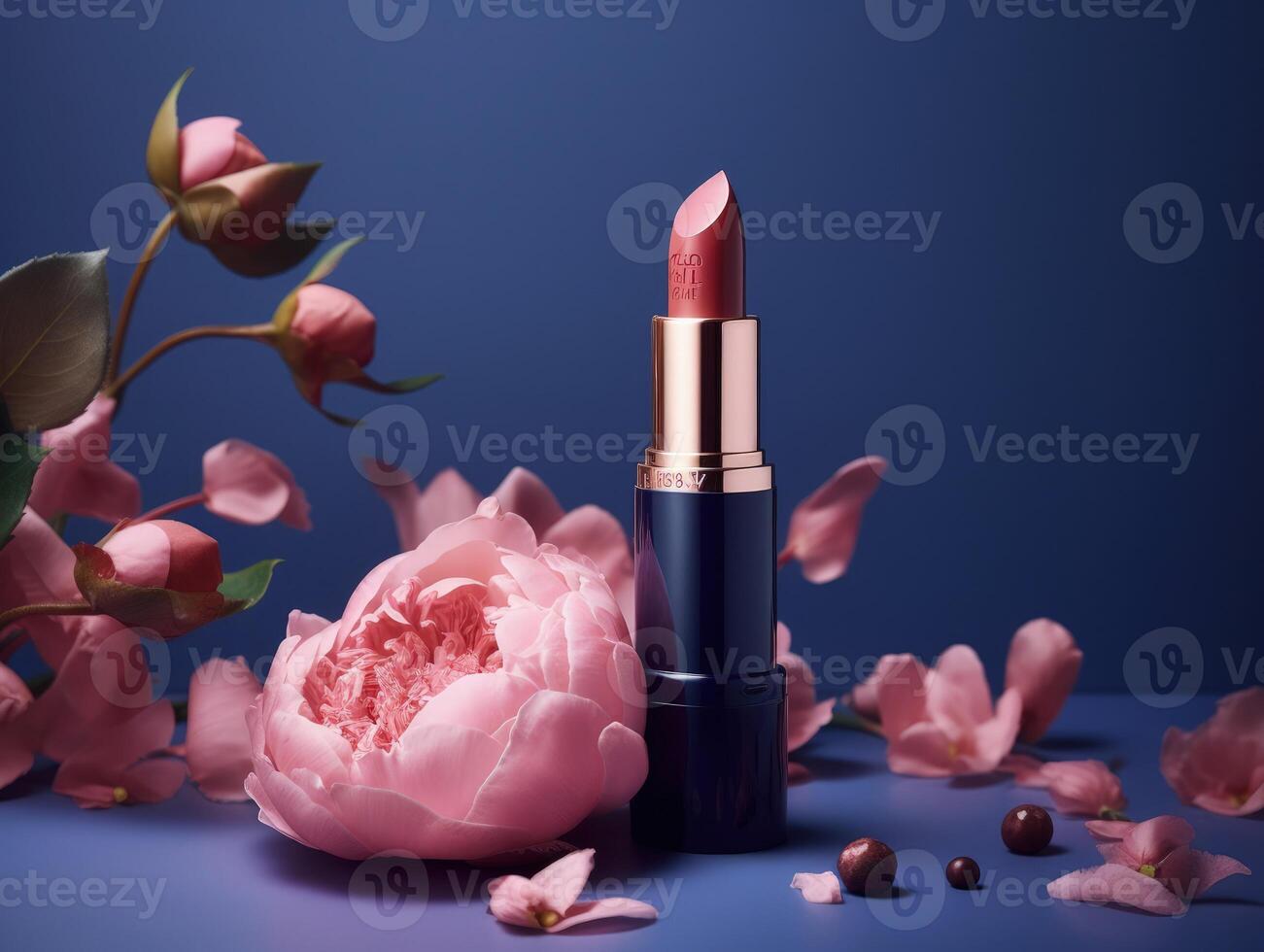 bellissimo rosa rossetto con blu lusso Astuccio e rosa fiori. generativo ai foto