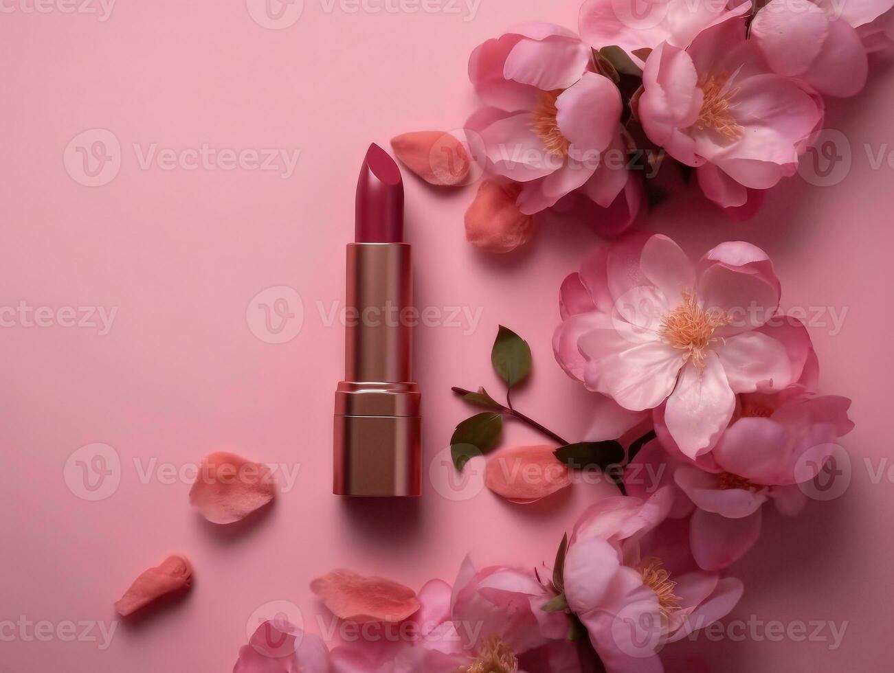 superiore Visualizza di bella rosa rossetto su rosa sfondo con fiori. generativo ai foto