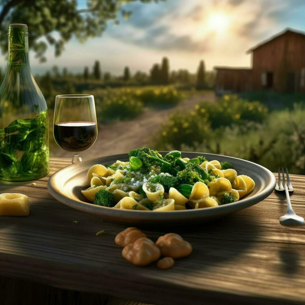 orecchiette - un' pasta piatto fatto con orecchio sagomato pasta e broccoli rabe saltati nel aglio e oliva olio foto