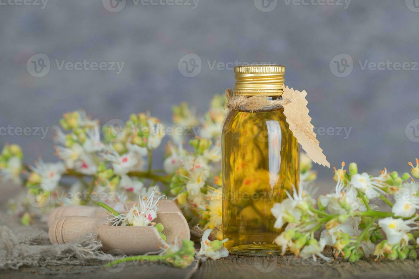 bicchiere bottiglia di cavallo Castagna olio estratto. foto