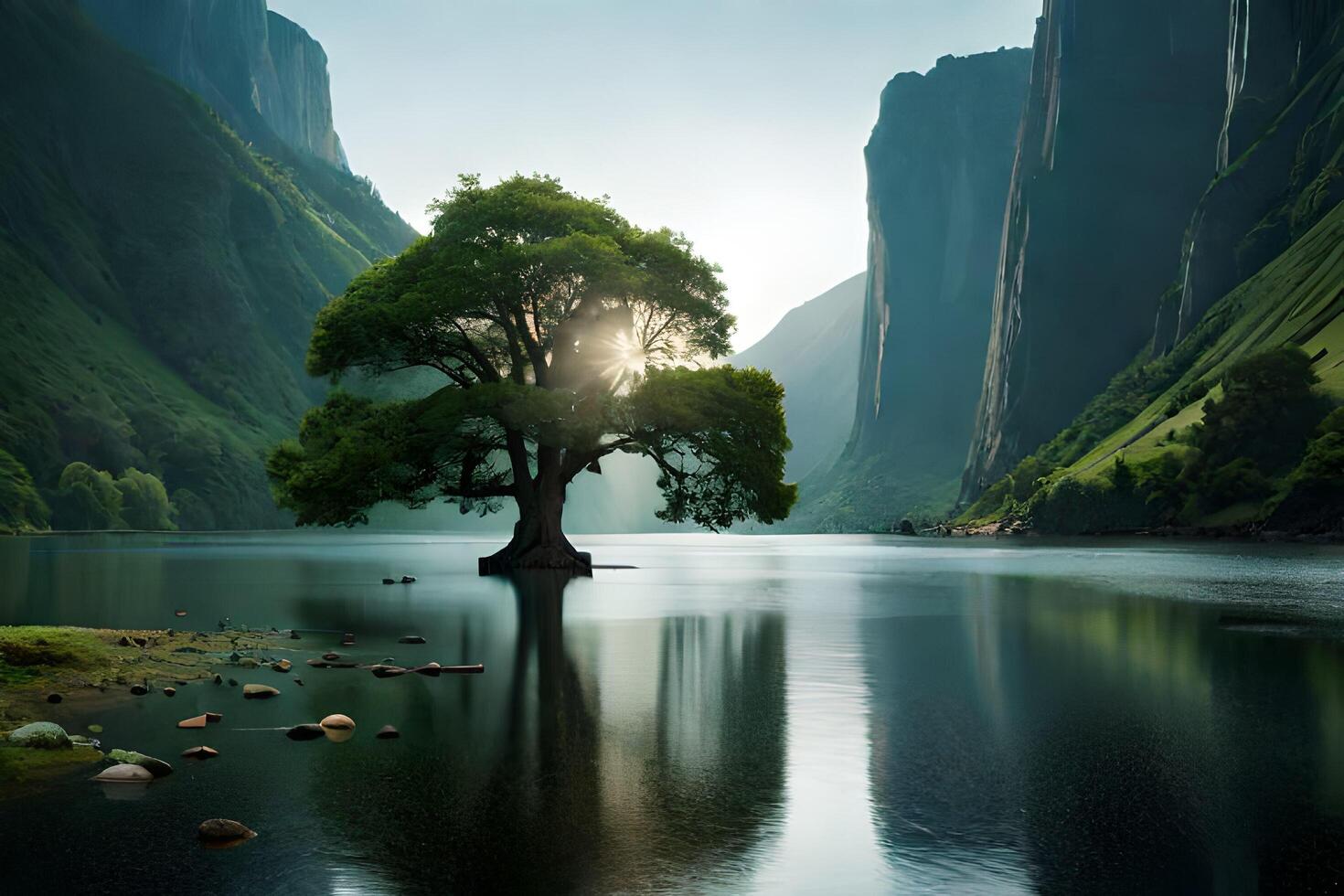 grande albero accanto il fiume ai generato foto