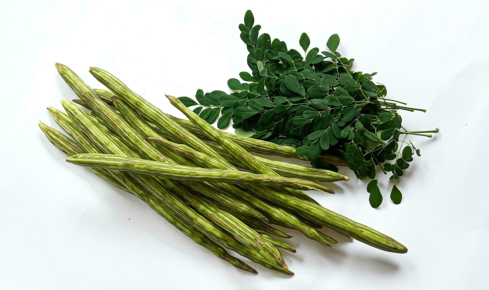 salutare verde vegano super cibo- fresco raccolto biologico moringa, limaran, ben-olio, tamburo bastone, Rafano albero, o malunggay verdura. nel Indonesia Questo verdura è chiamato sayur klentang. foto