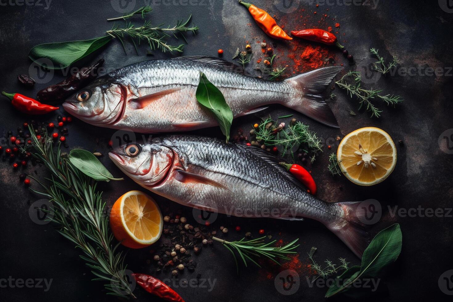delizioso fresco pesce su buio Vintage ▾ sfondo. pesce con aromatico erbe aromatiche, spezie e verdure - salutare cibo, dieta o cucinando concetto ai generato foto