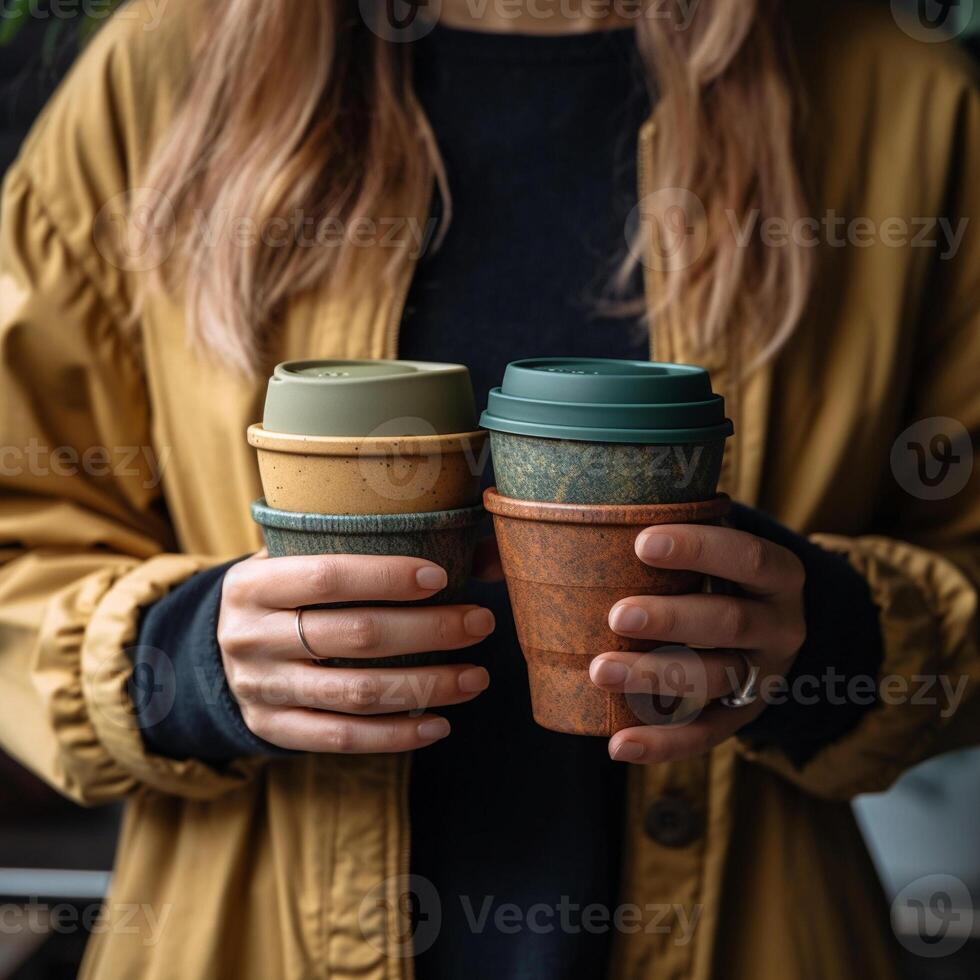 assortito bambù viaggio riutilizzabile caffè o tè tazze o riviste con silicone isolamento.uno tazza con copia-spazio nel femmina mano. eco zero rifiuto soluzione per Basso urto sostenibile stile di vita ai generato foto