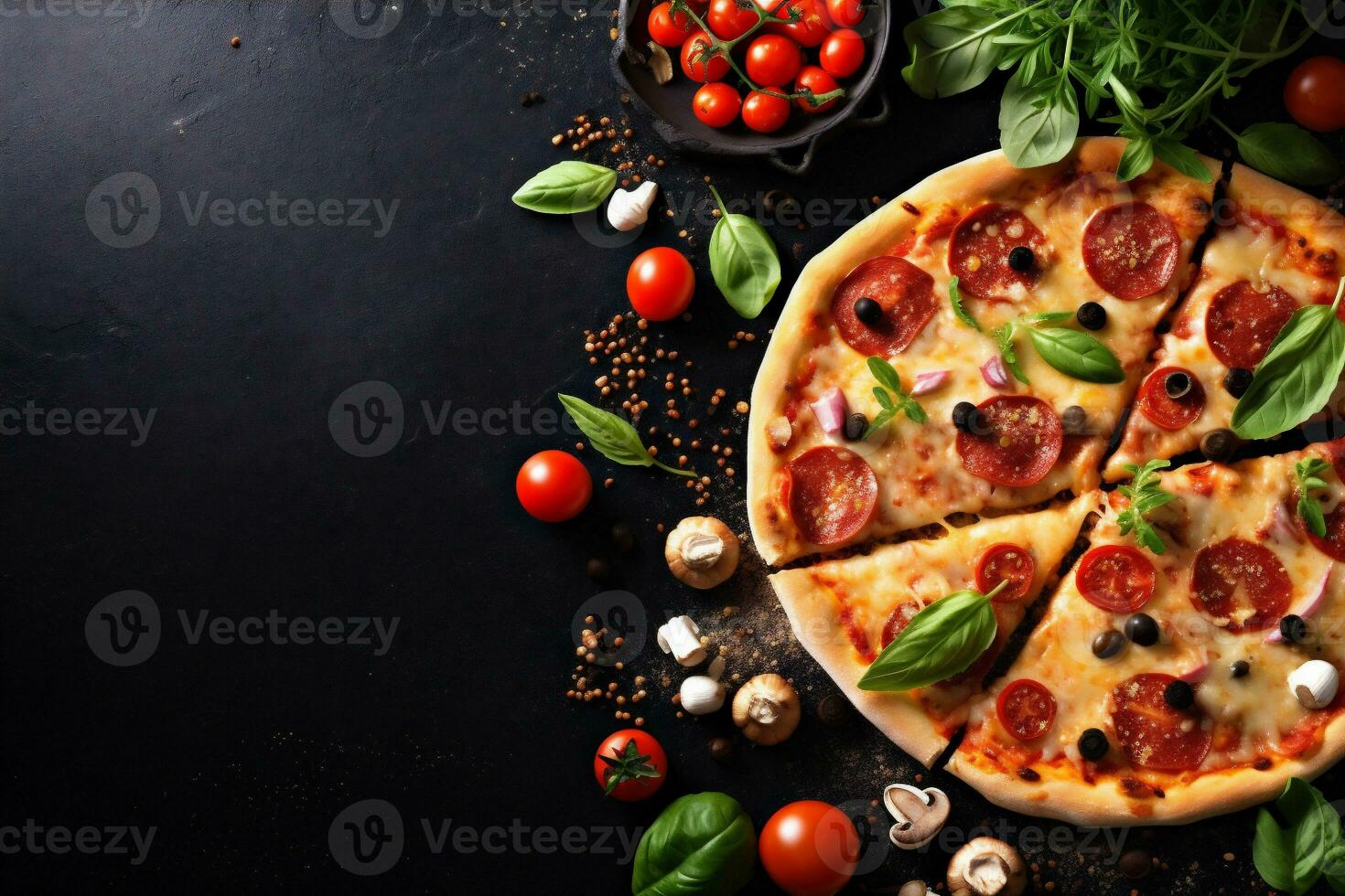 italiano pasto cibo formaggio spazio cibo sfondo veloce Pizza nero pomodoro copia veloce. generativo ai. foto