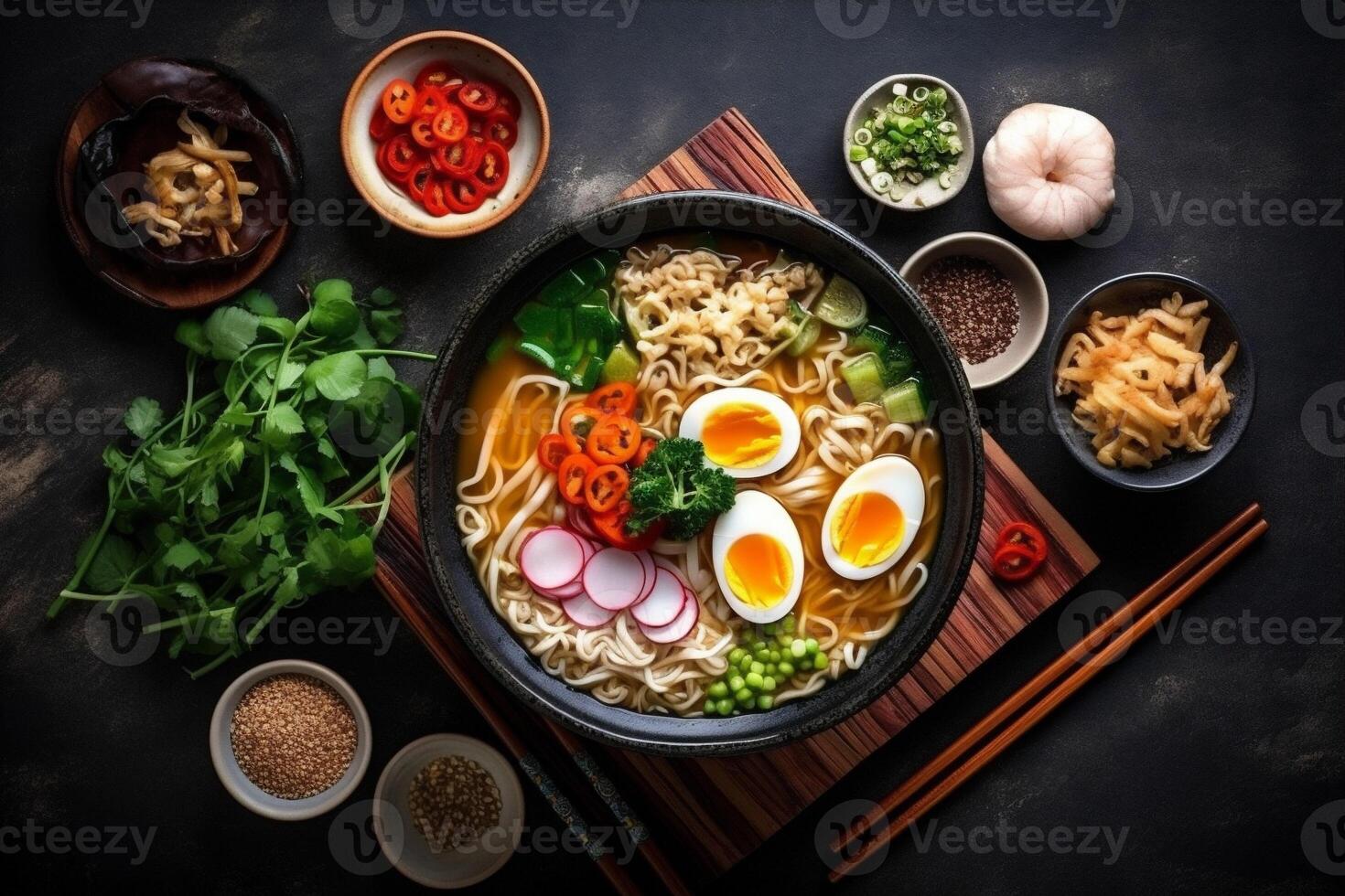 cibo ramen verdura giapponese pasto asiatico ciotola la minestra bacchette spaghetto. generativo ai. foto