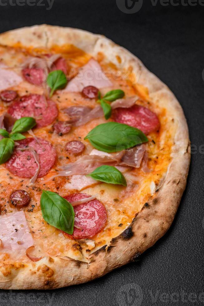 delizioso fresco forno al forno Pizza con salame, carne, formaggio, pomodori foto