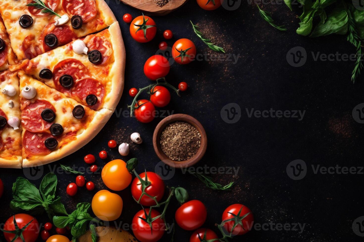 italiano cibo basilico formaggio cibo pasto sfondo Pizza spazio veloce copia pomodoro nero. generativo ai. foto