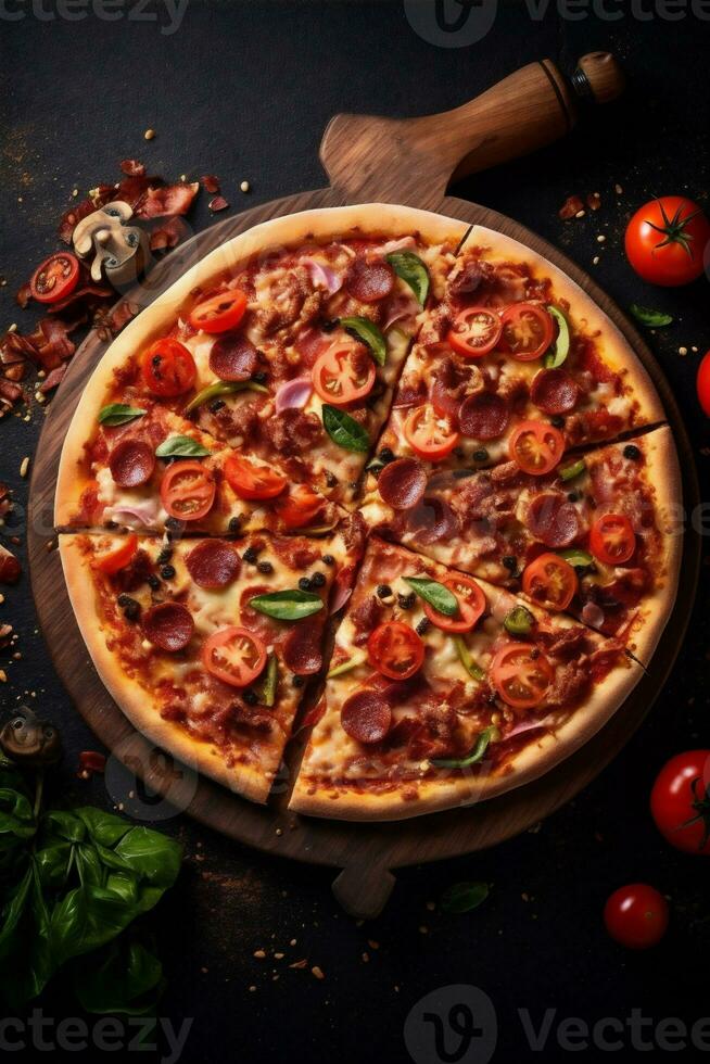 cibo cibo italiano copia formaggio spazio sfondo pomodoro Pepe nero pasto veloce Pizza. generativo ai. foto