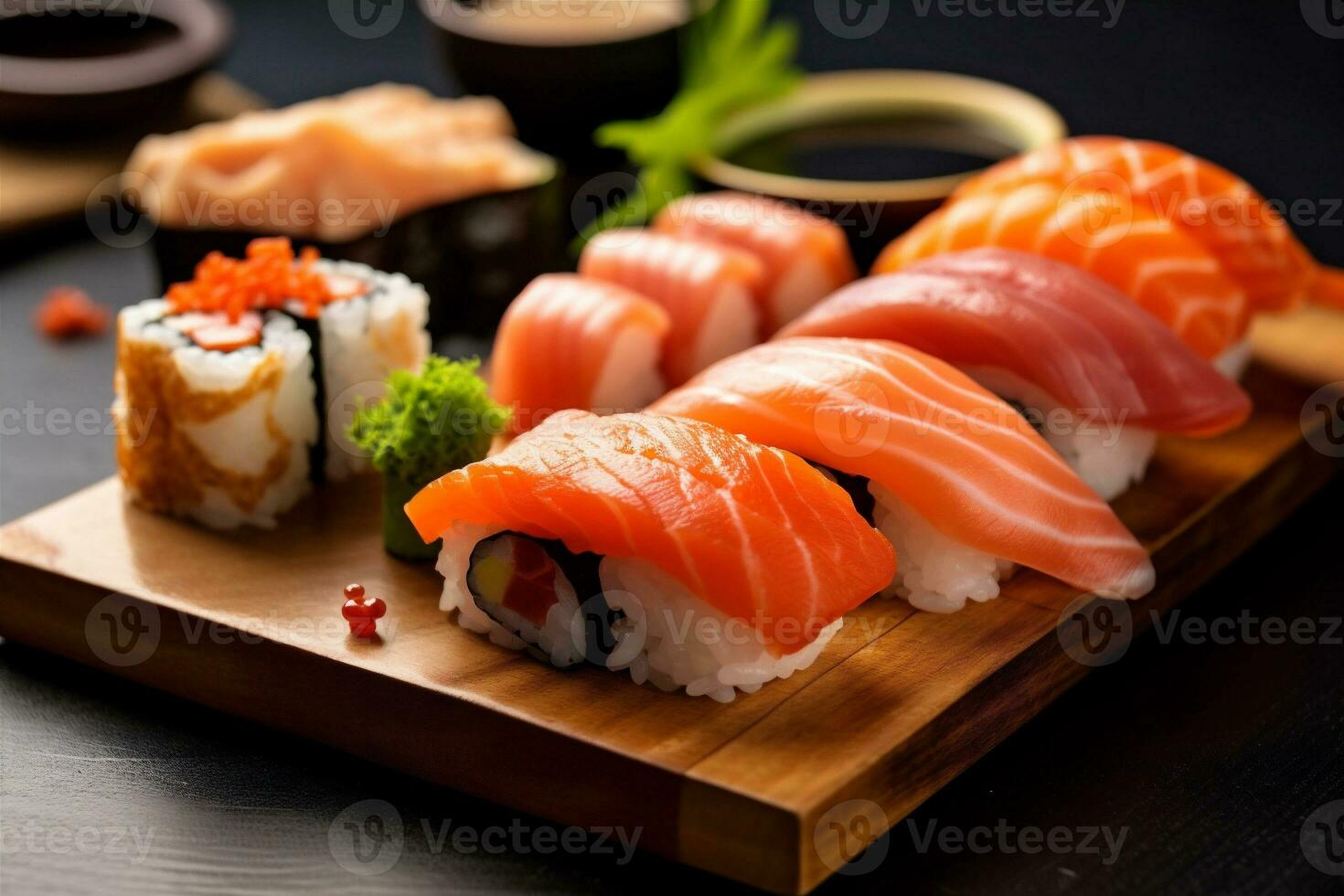 pasto rotolo impostato Giappone frutti di mare cibo pesce Sushi riso giapponese. generativo ai. foto