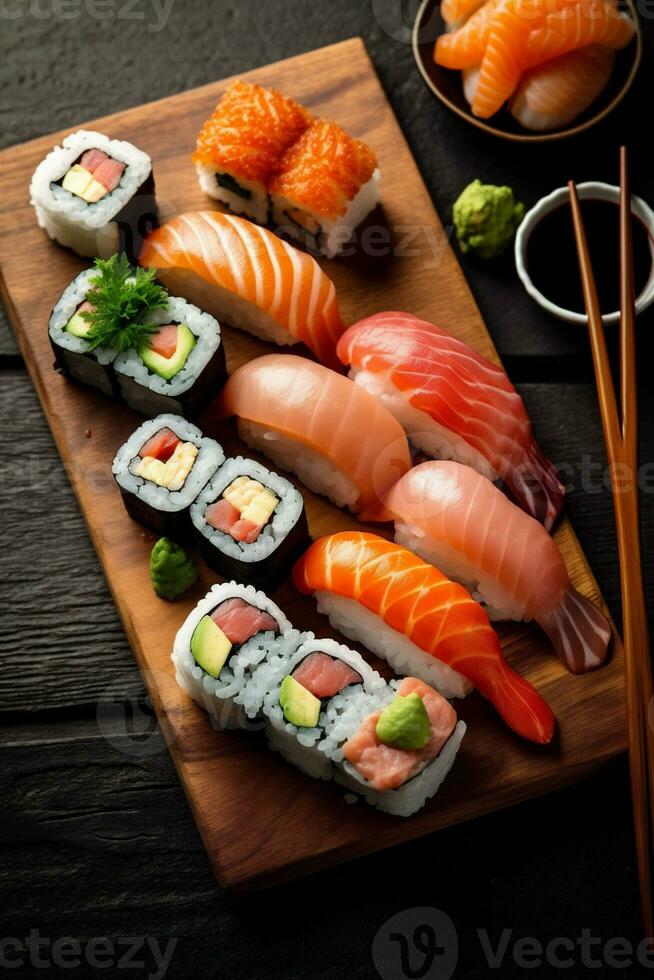 giapponese pesce Giappone cibo riso impostato Sushi frutti di mare rotolo pasto. generativo ai. foto