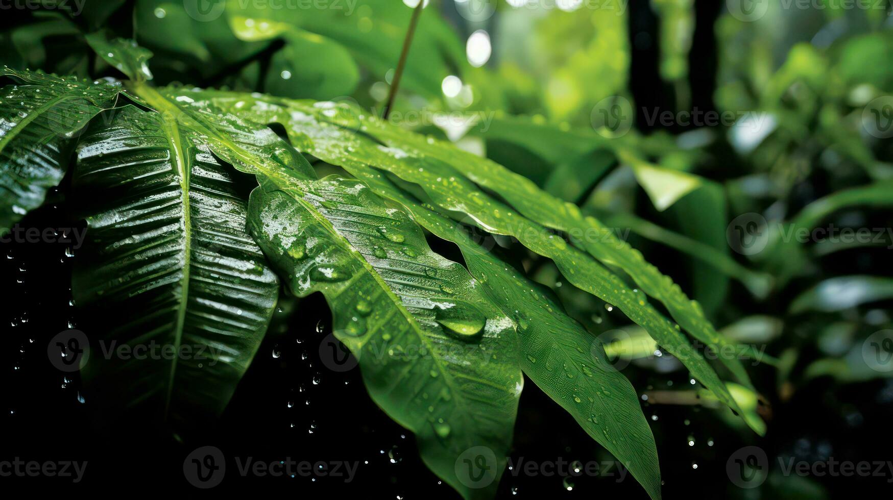 vivace enorme le foglie brillare con gocce di pioggia nel il giungla. un' rilassante e dolce Immagine quello viene visualizzato il Meraviglia di natura ai generativo foto