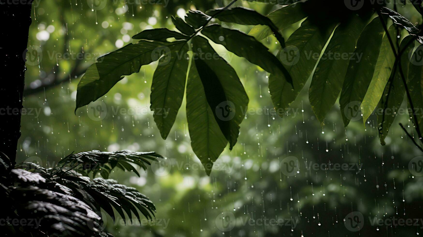 un' vicino su di il pesante pioggia caduta su il denso foresta foglie, la creazione di goccioline e spruzzi su loro liscio e brillante superfici ai generativo foto