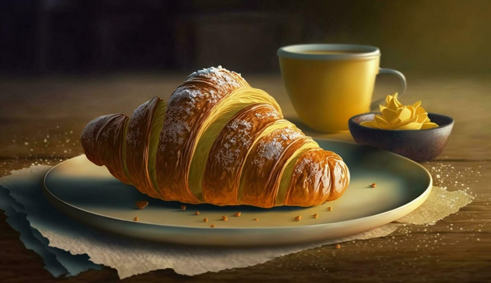 fresco brioche e caffè su rustico di legno tavolo generato di ai foto