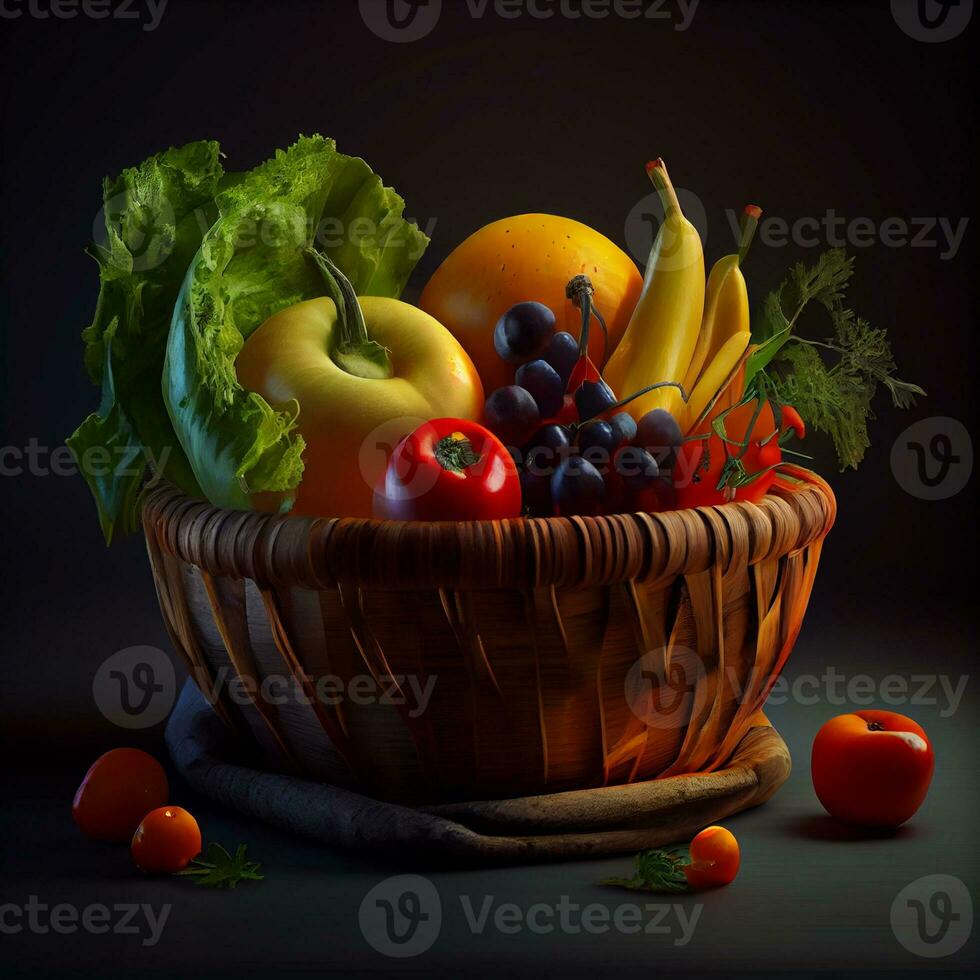 vicino su frutta e verdure salutare cibo nel cestino ,generativo ai foto