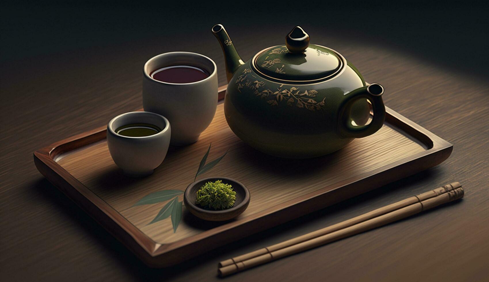 teiera e tè tazza impostato su legna generato di ai foto