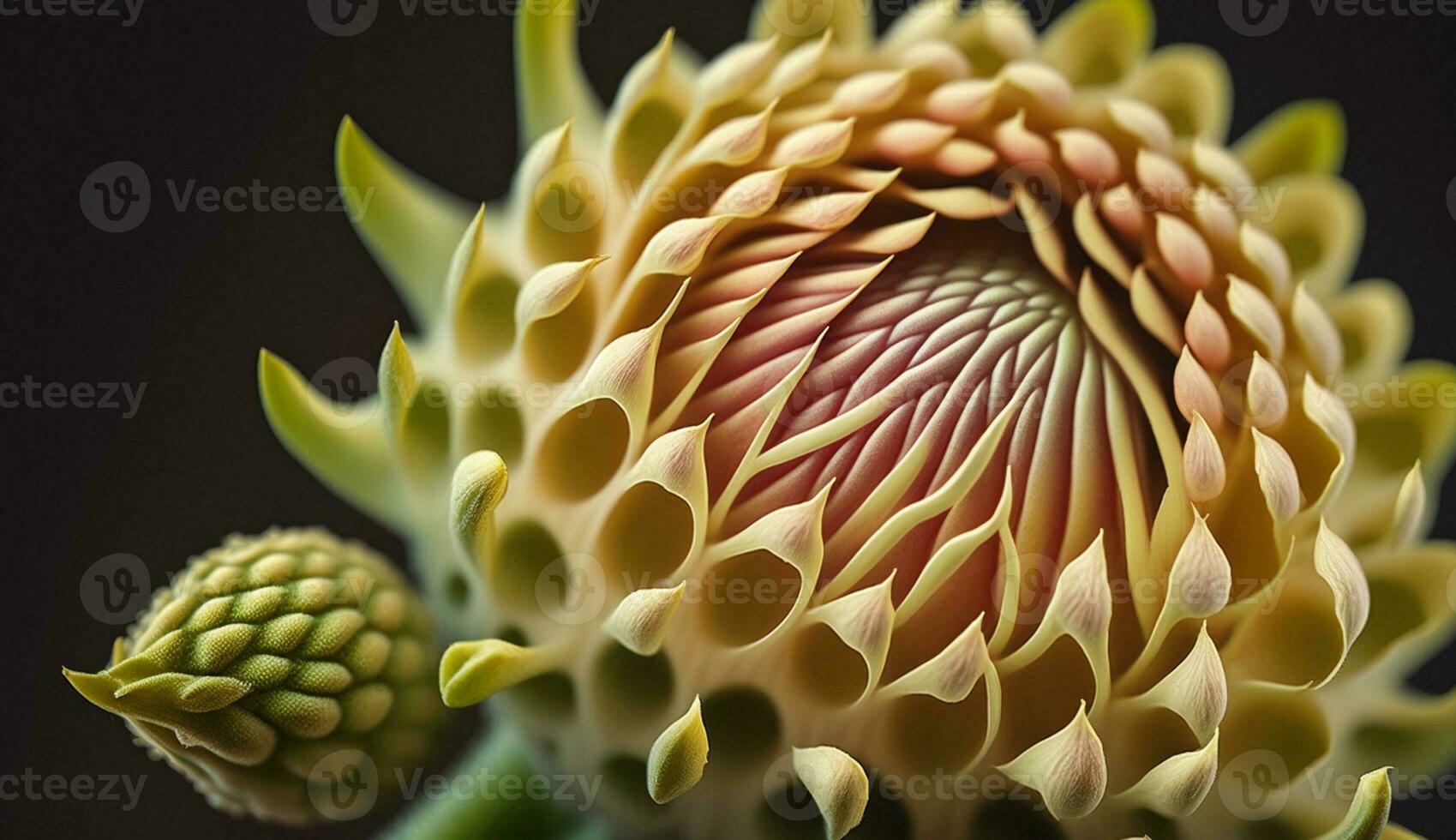 vicino su di giallo fiore testa petali e foglia generato di ai foto