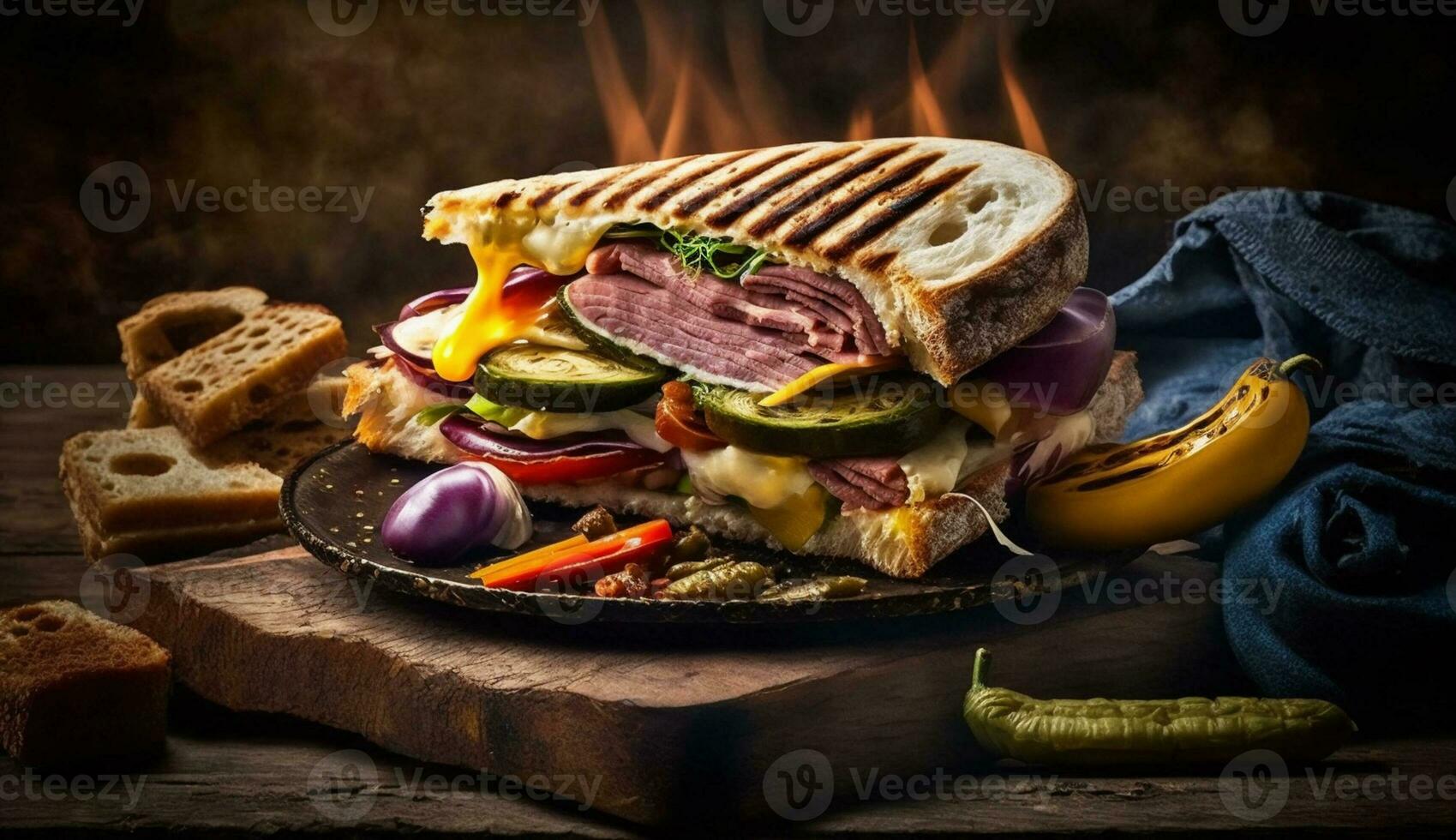 appena grigliato buongustaio Sandwich su rustico Ciabatta pane ,generativo ai foto