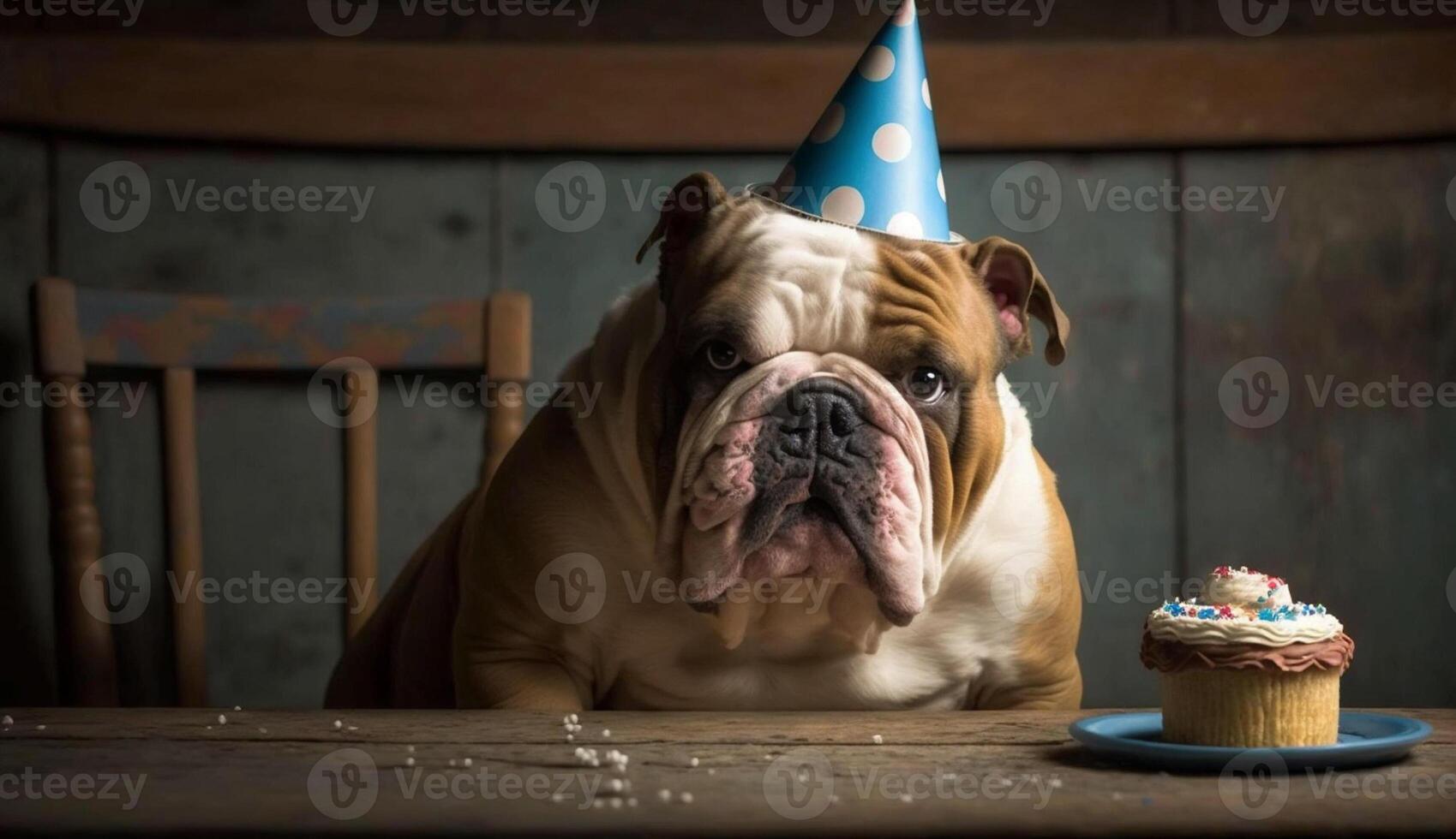 carino bulldog cucciolo seduta su di legno tavolo ,generativo ai foto