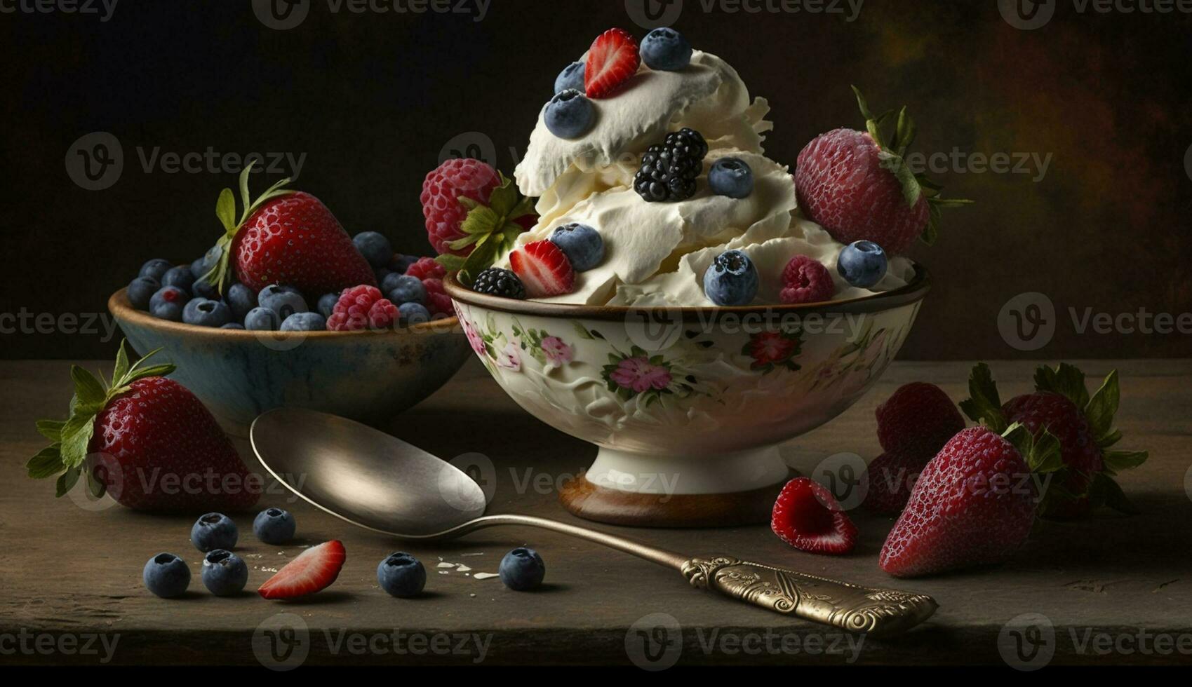 fresco estate frutti di bosco e Yogurt su legna tavolo ,generativo ai foto