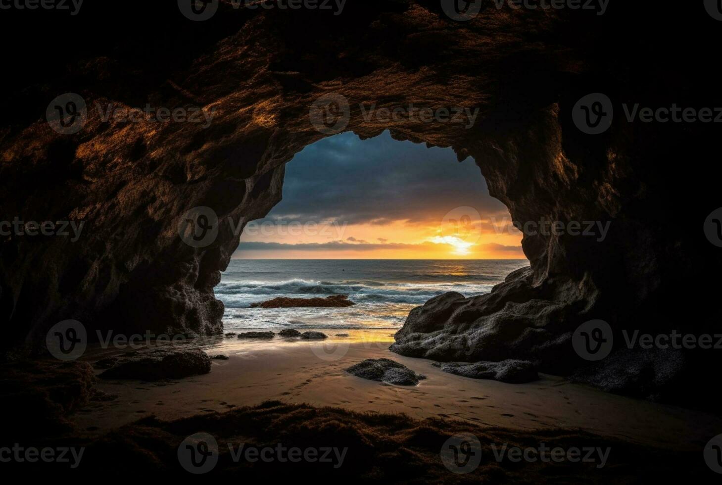 paesaggio Visualizza di il bellezza di il spiaggia a partire dal dentro il grotta. generativo ai foto