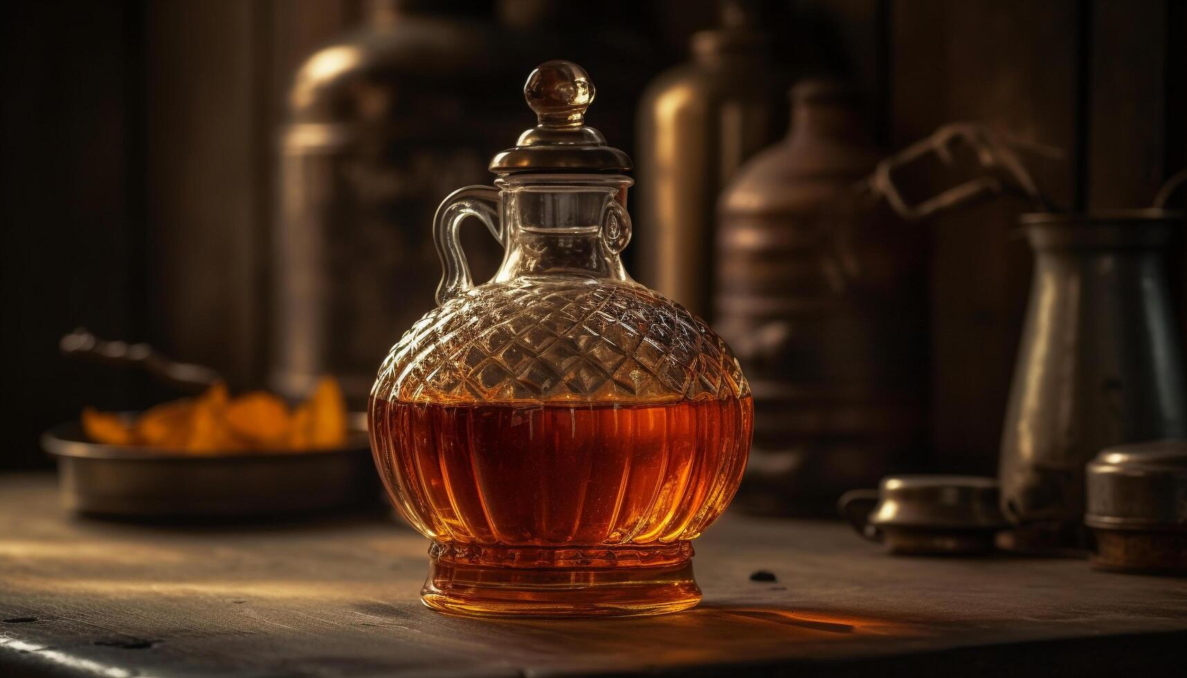 vecchio stile whisky versato in lusso bicchiere su rustico di legno tavolo generato di ai foto