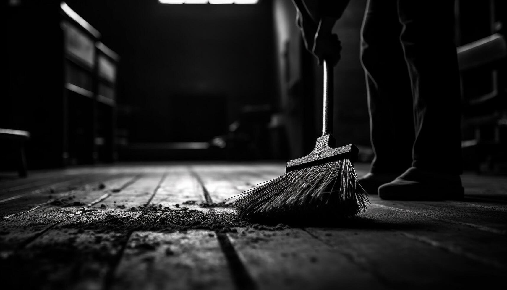 uno uomo radicale pavimentazione con scopa e paletta in casa generato di ai foto