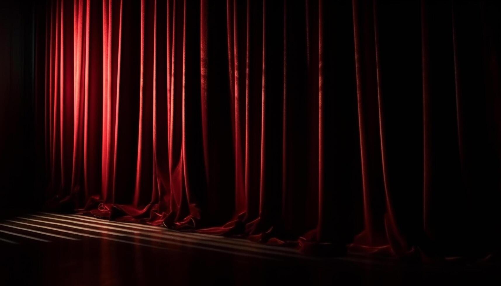 velluto palcoscenico tenda si illumina nel riflettore, vuoto auditorium attende prestazione generato di ai foto