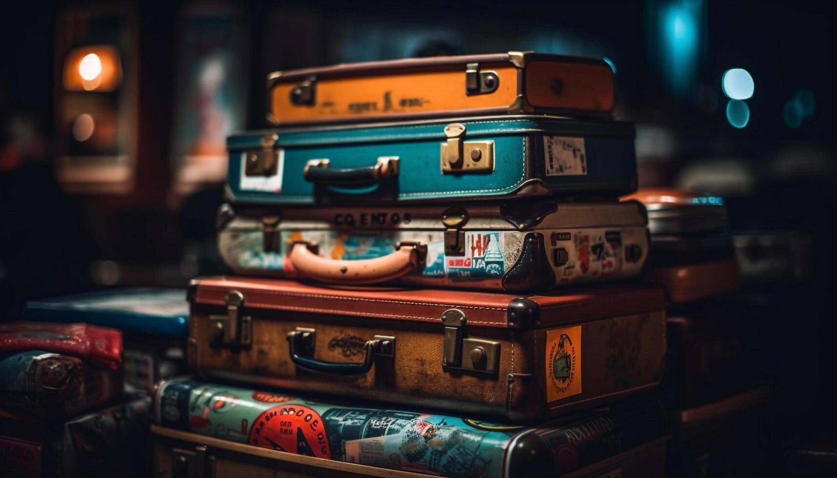 un vecchio stile pelle valigia, un' simbolo di elegante viaggio avventure generato di ai foto