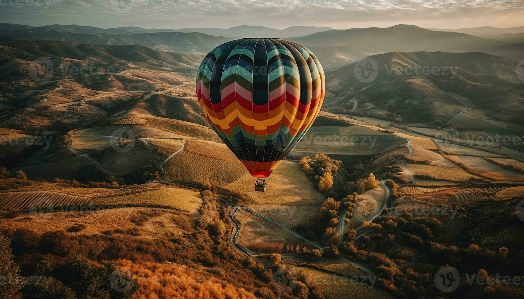 Multi colorato caldo aria Palloncino vola al di sopra di montagna paesaggio, avventura attende generato di ai foto