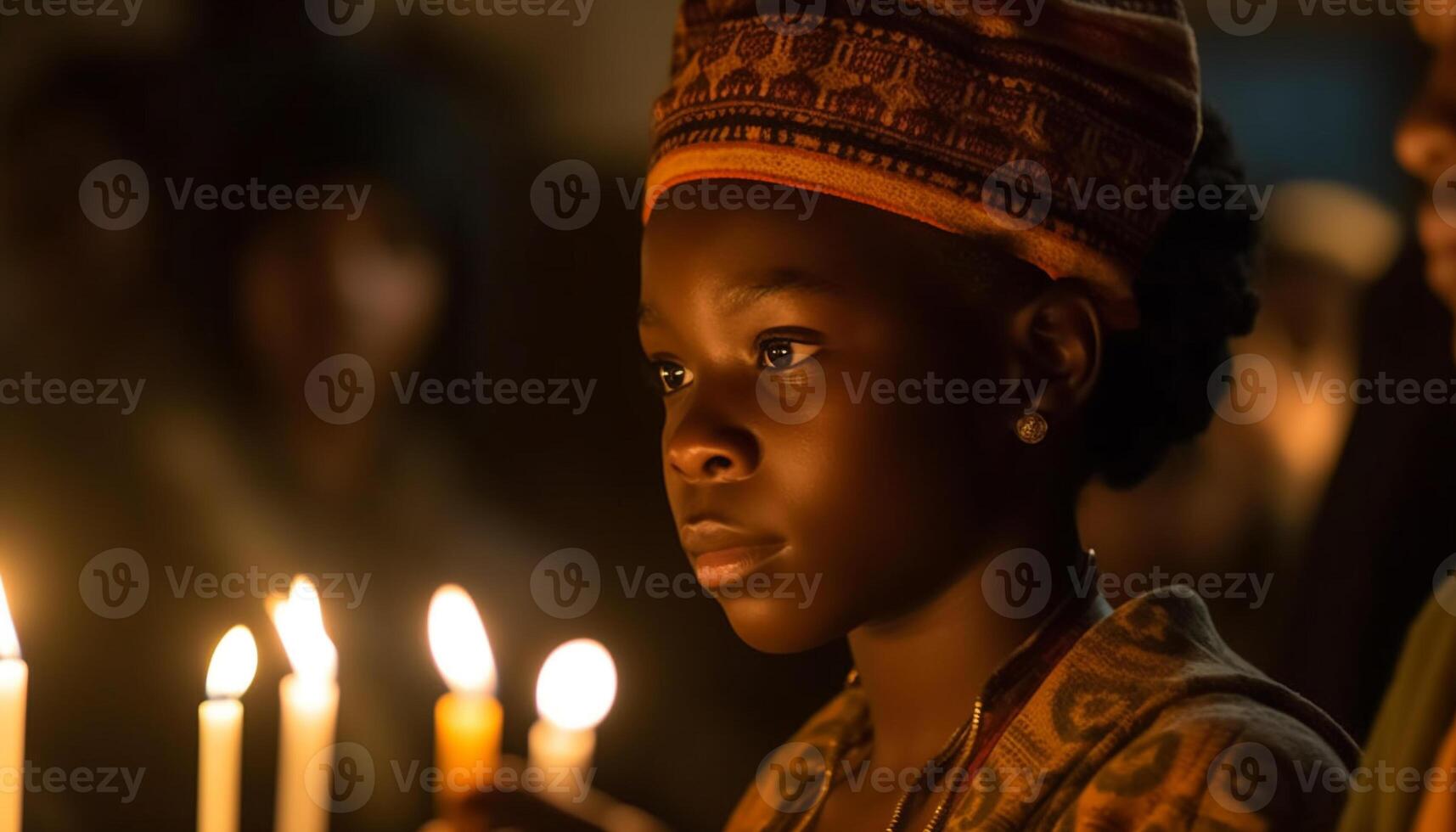 africano bambino sorridente nel a lume di candela cerimonia, festeggiare spiritualità e cultura generato di ai foto