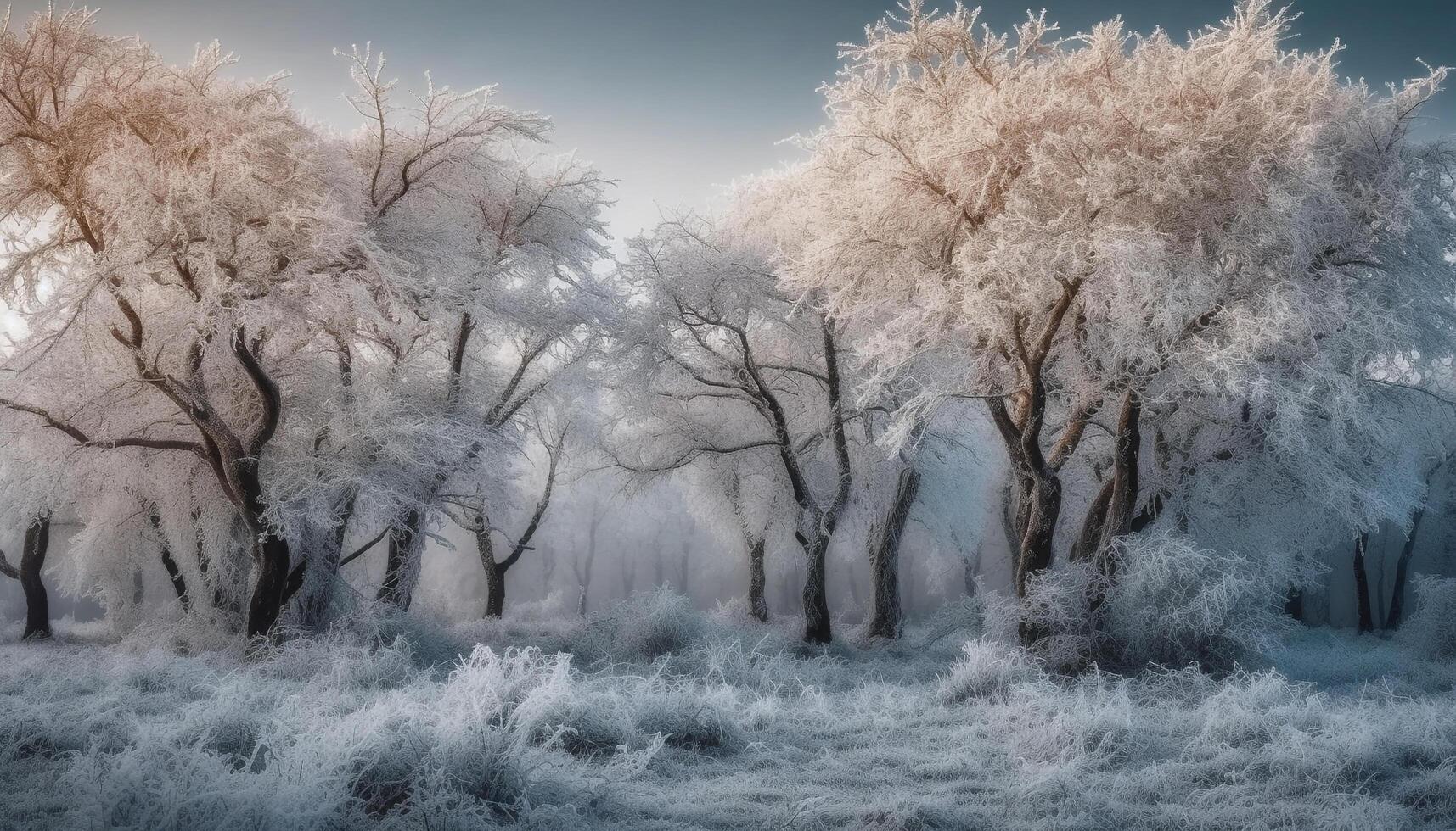 un' tranquillo inverno foresta neve, brina, e blu cieli generato di ai foto