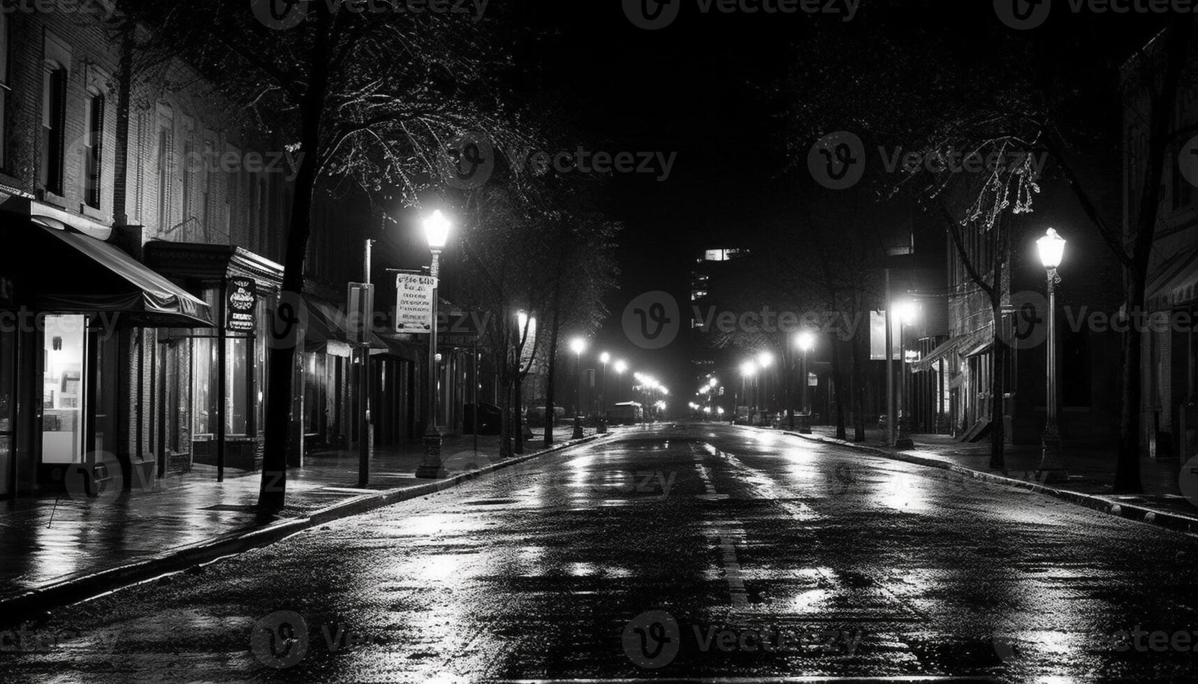 il illuminato città strada svanisce in il buio notte generato di ai foto