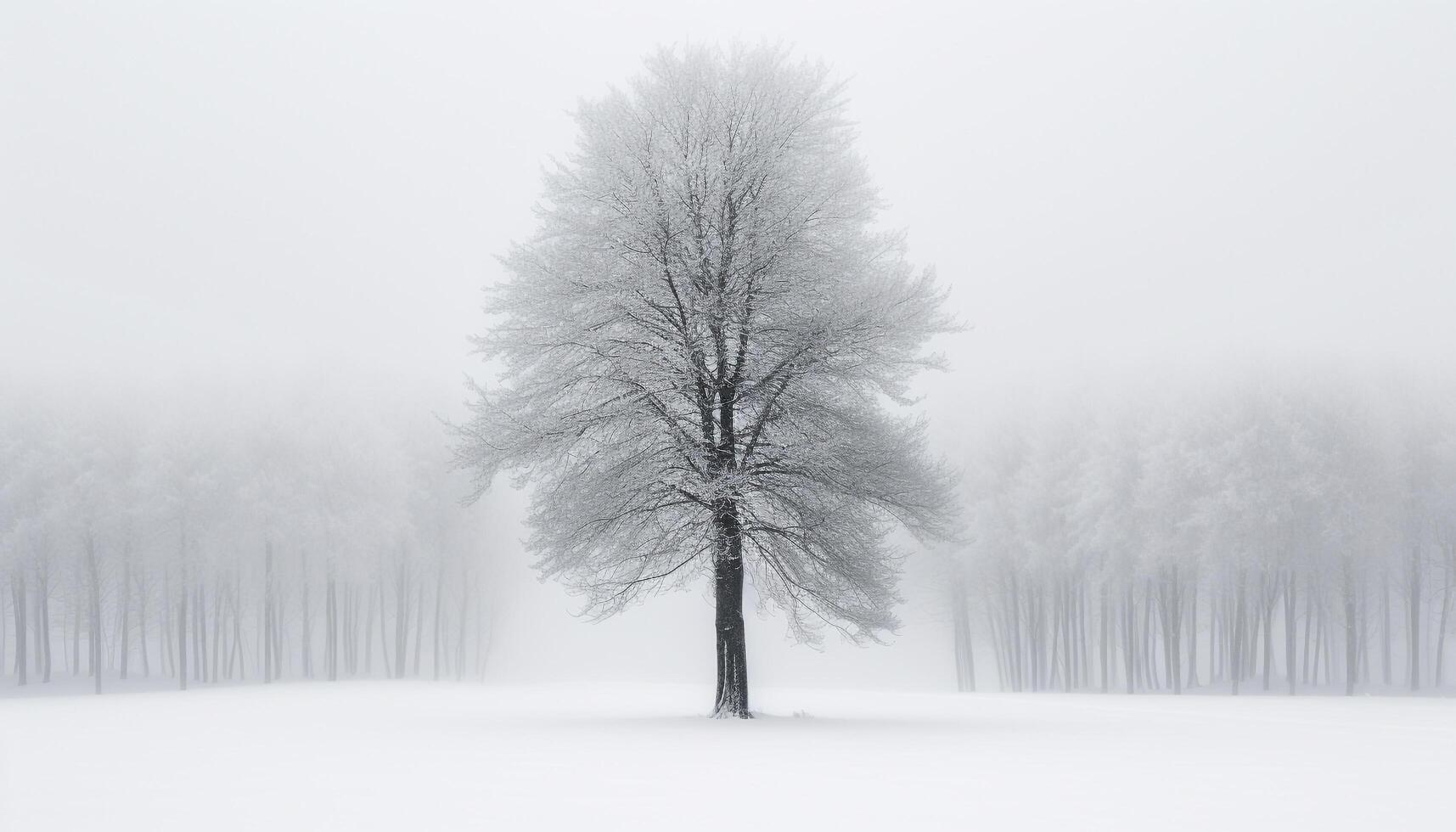 un' tranquillo inverno paesaggio neve coperto alberi nel un' nebbioso foresta generato di ai foto