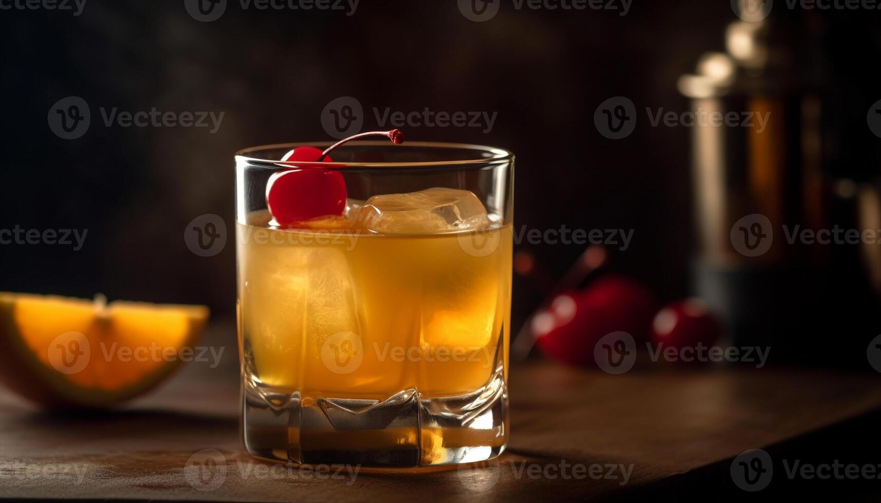 un' rinfrescante agrume cocktail con whisky, Ghiaccio, e frutta fette generato di ai foto