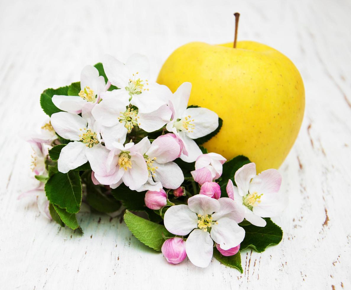 fiori di melo e mela su uno sfondo di legno foto