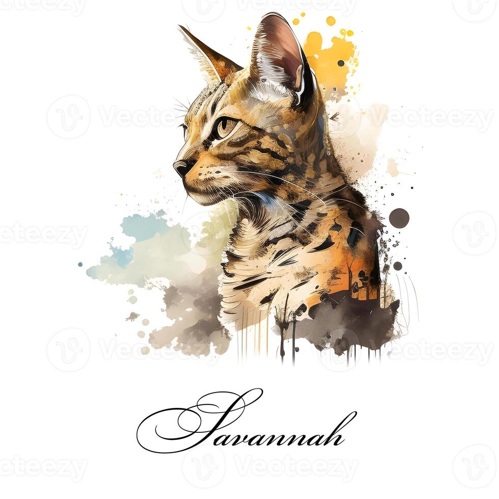 acquerello illustrazione di un' singolo gatto razza savana. ai generato. acquerello animale collezione di gatti. gatto ritratto. illustrazione di animale domestico. foto