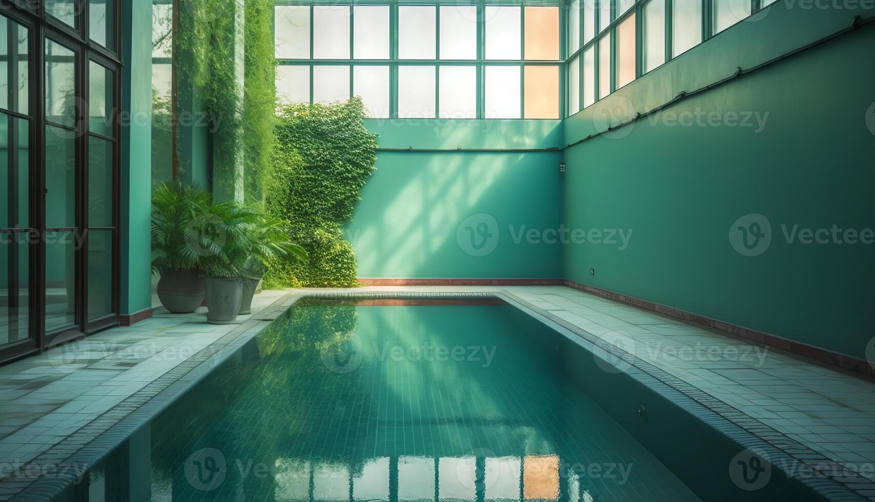 interno nuoto piscina con verde parete ai generativo foto