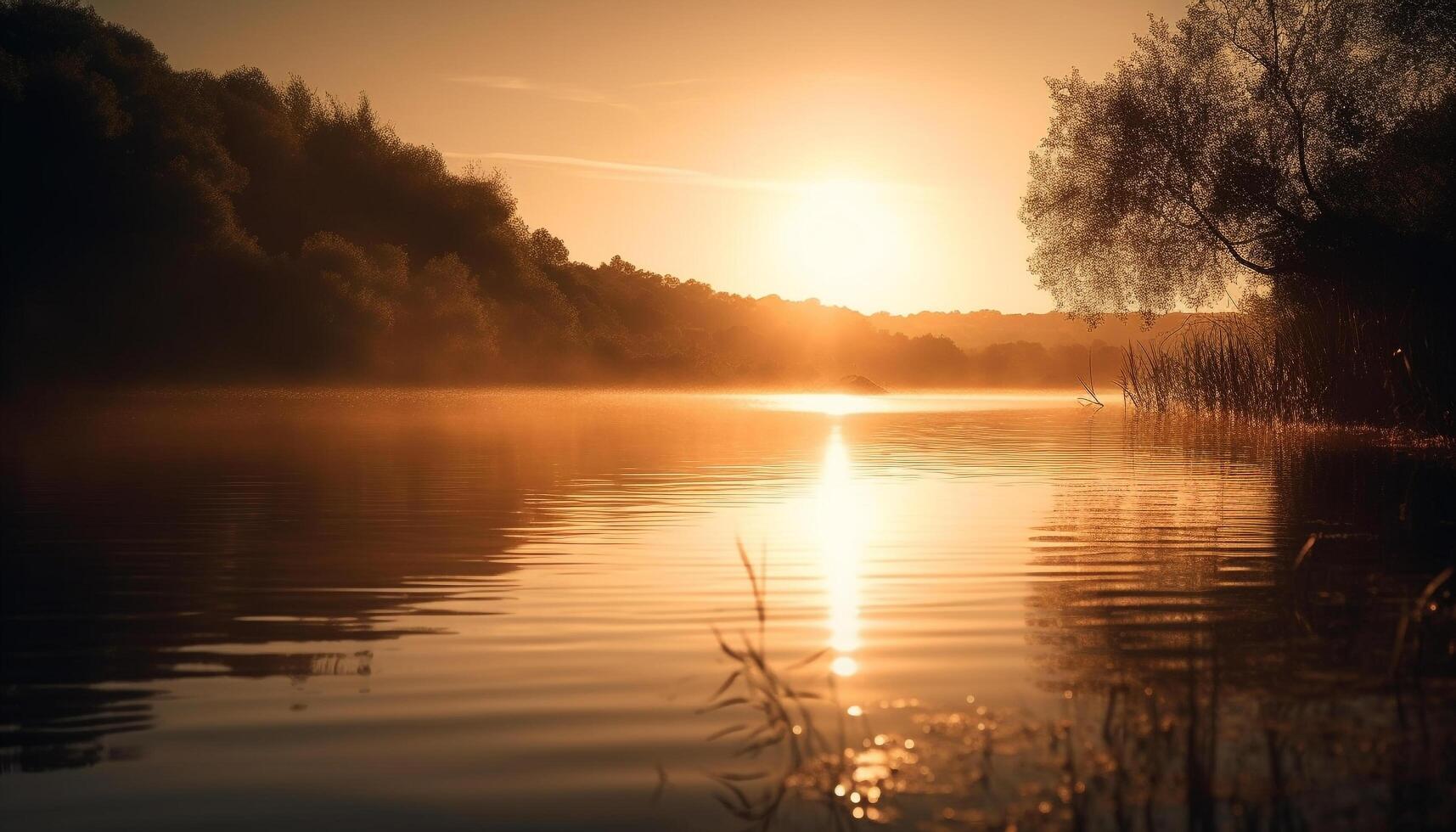 d'oro sole imposta al di sopra di tranquillo acqua riflessione generato di ai foto