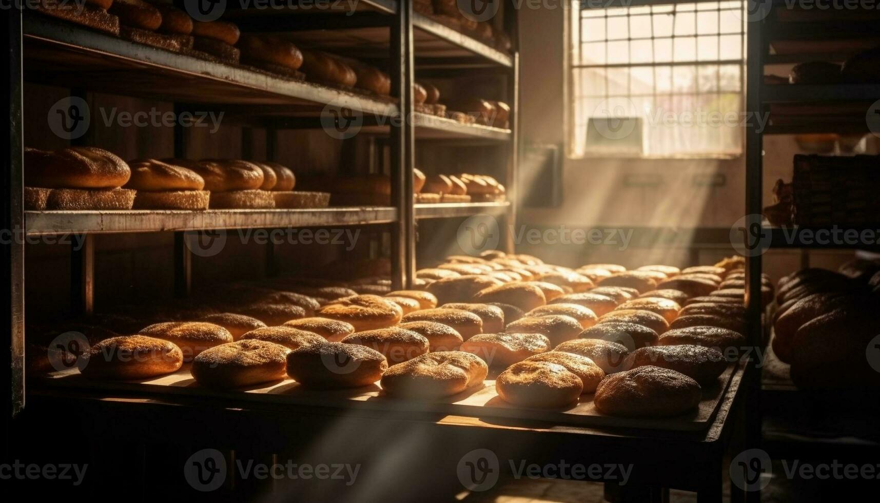 appena al forno pane su rustico di legno mensola generato di ai foto