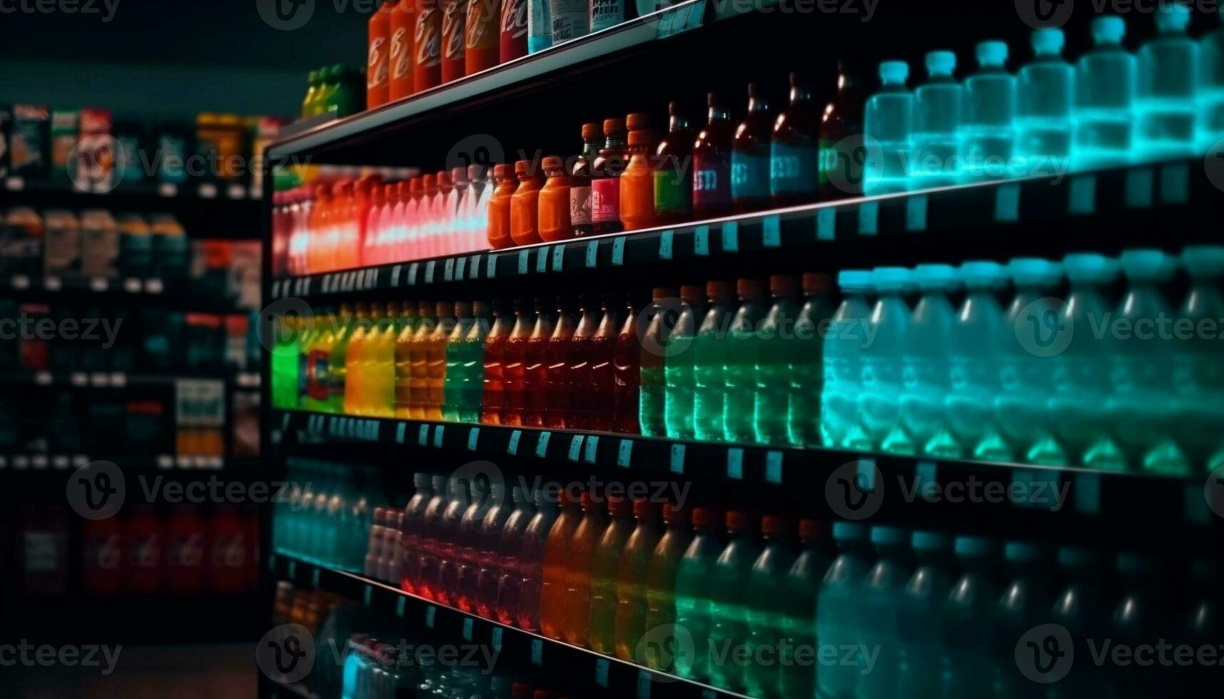 Multi colorato vino bottiglie nel un' riga su mensola generato di ai foto