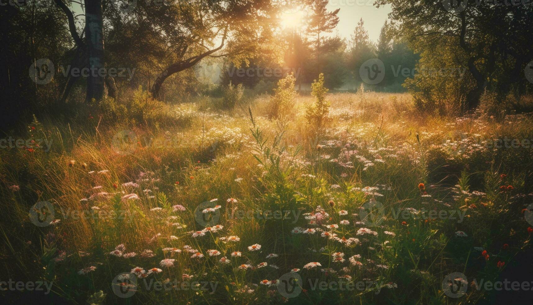 vivace fiori selvatici fioritura nel tranquillo prato scena generato di ai foto