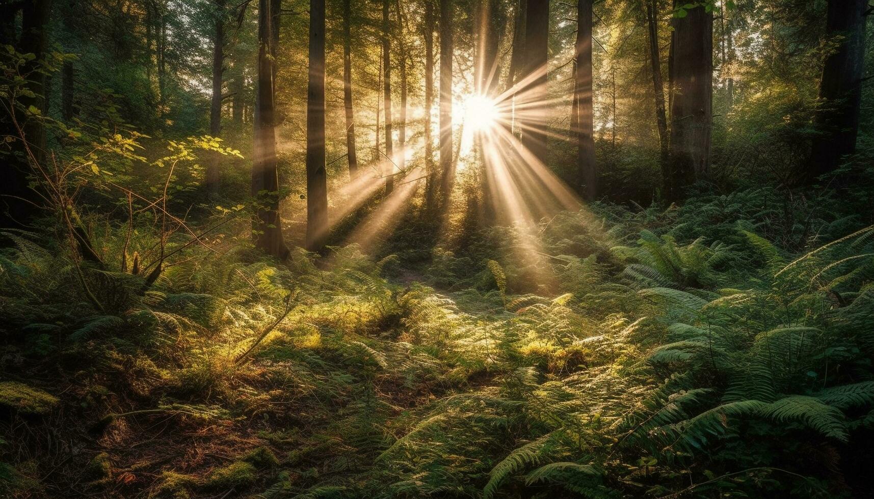 vivace verde foresta, tranquillo scena, luminosa luce del sole generato di ai foto