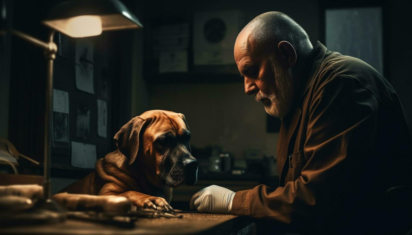 caucasico uomo seduta con carino di razza bulldog generato di ai foto