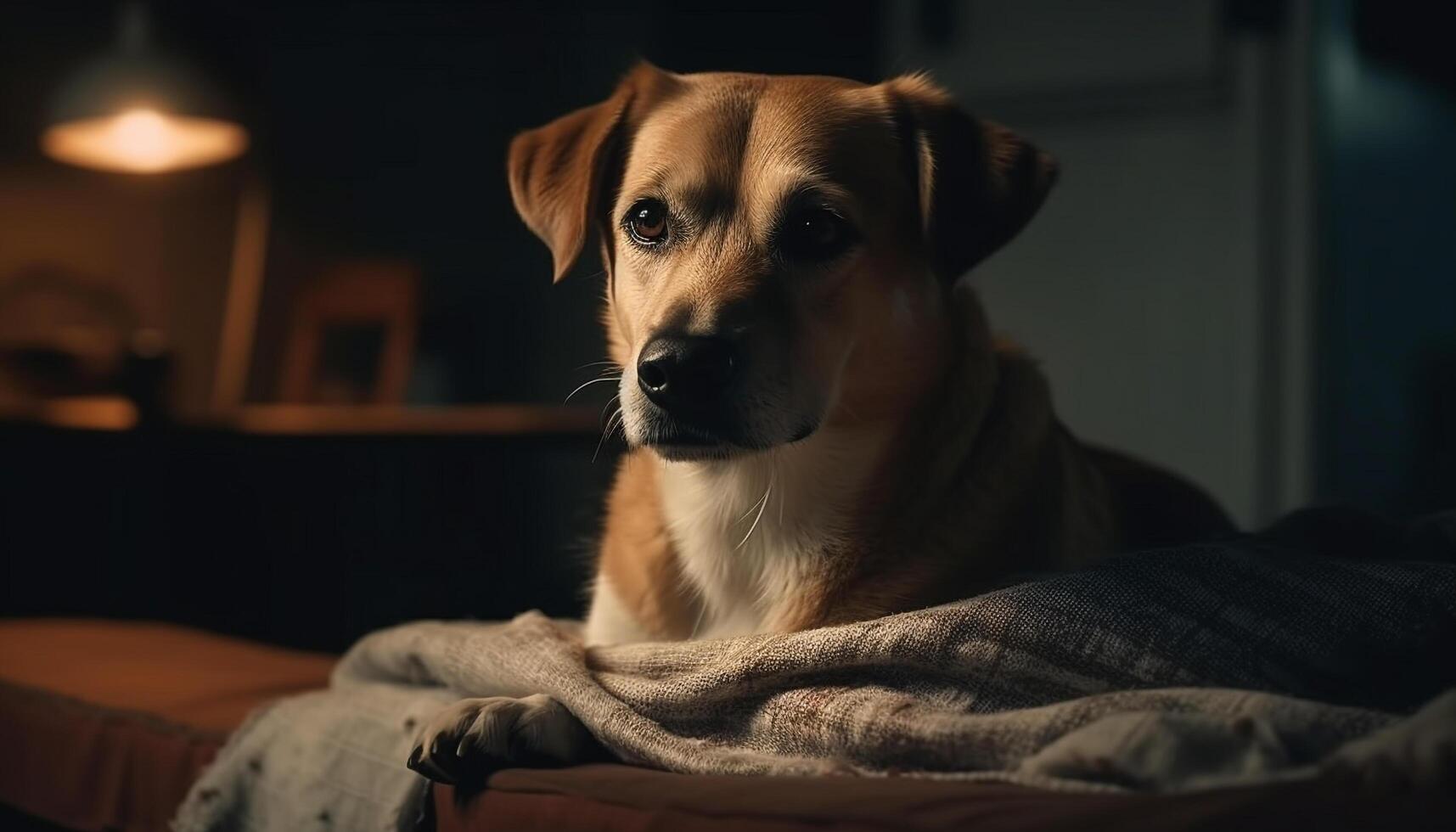 carino di razza cane da riporto cucciolo seduta al chiuso, guardare a telecamera generato di ai foto