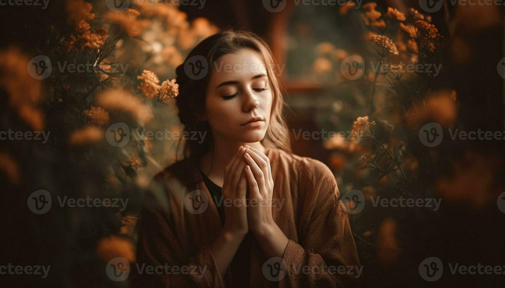 giovane donna Meditare nel sereno autunno foresta generato di ai foto