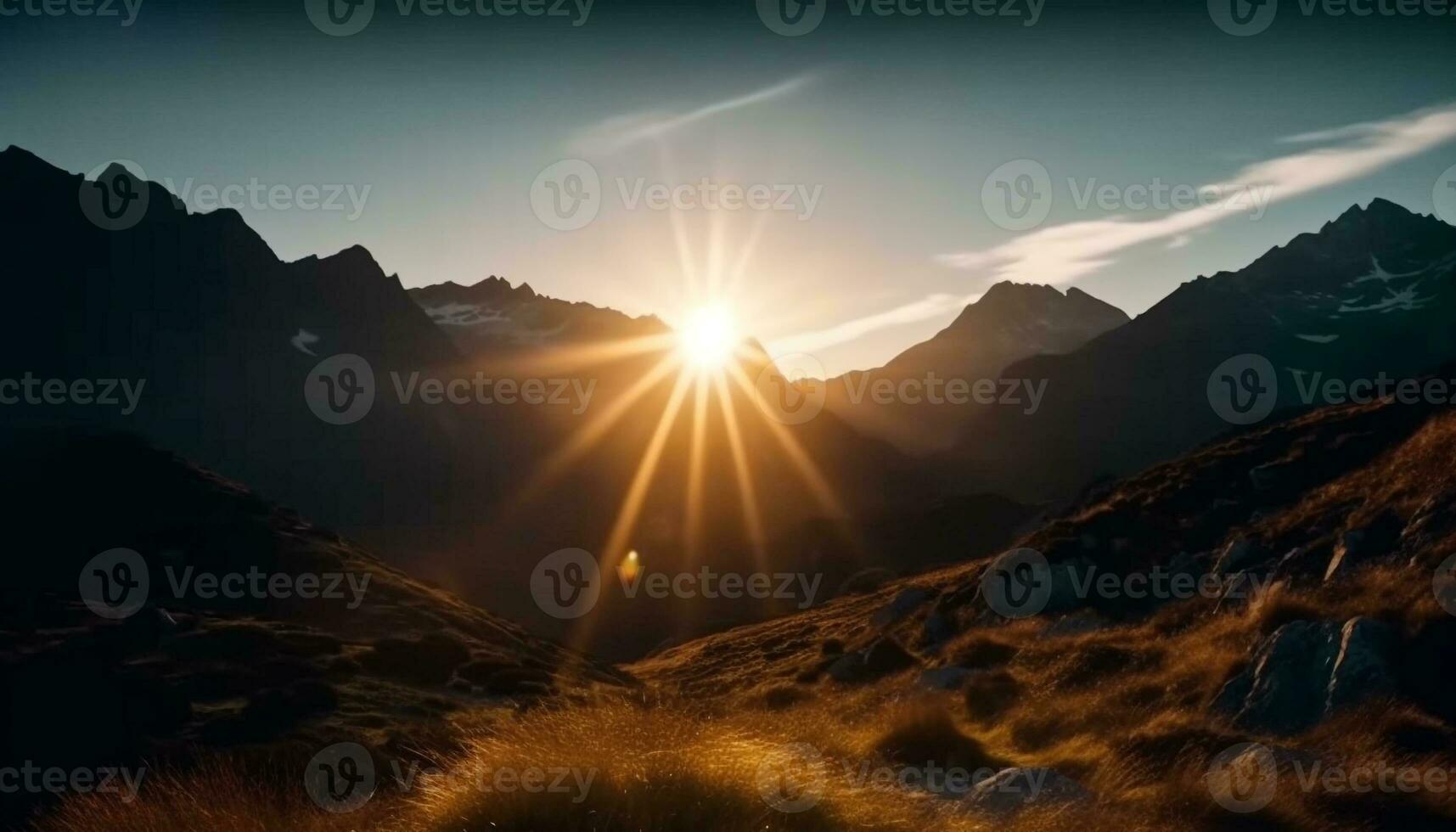 maestoso montagna gamma, tranquillo tramonto, avventura attende generato di ai foto