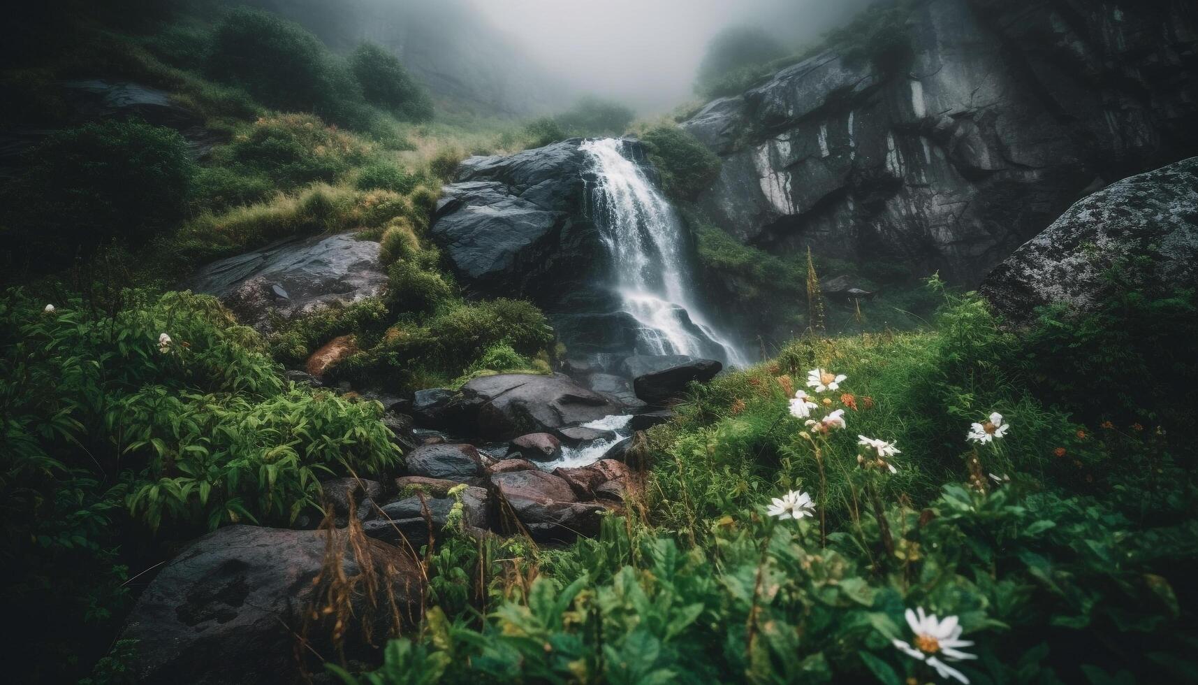 tranquillo scena di un' montagna fiume fluente generato di ai foto