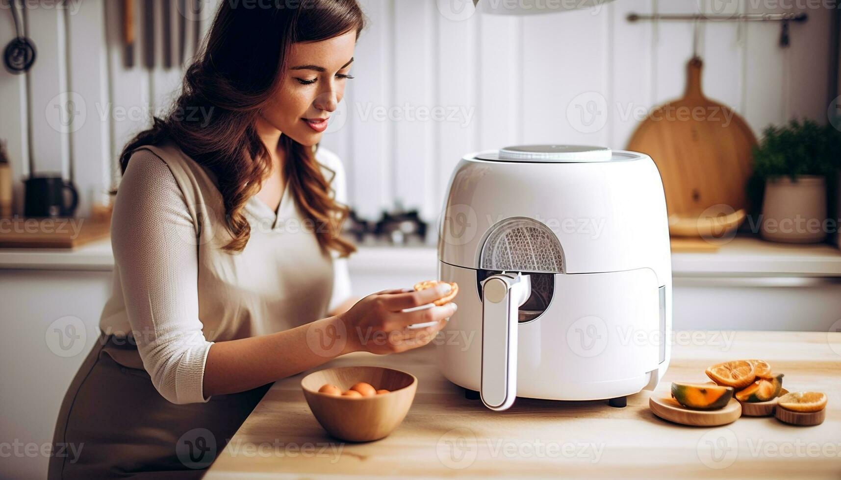 sorridente donna preparazione salutare fatti in casa bevanda nel cucina generato di ai foto