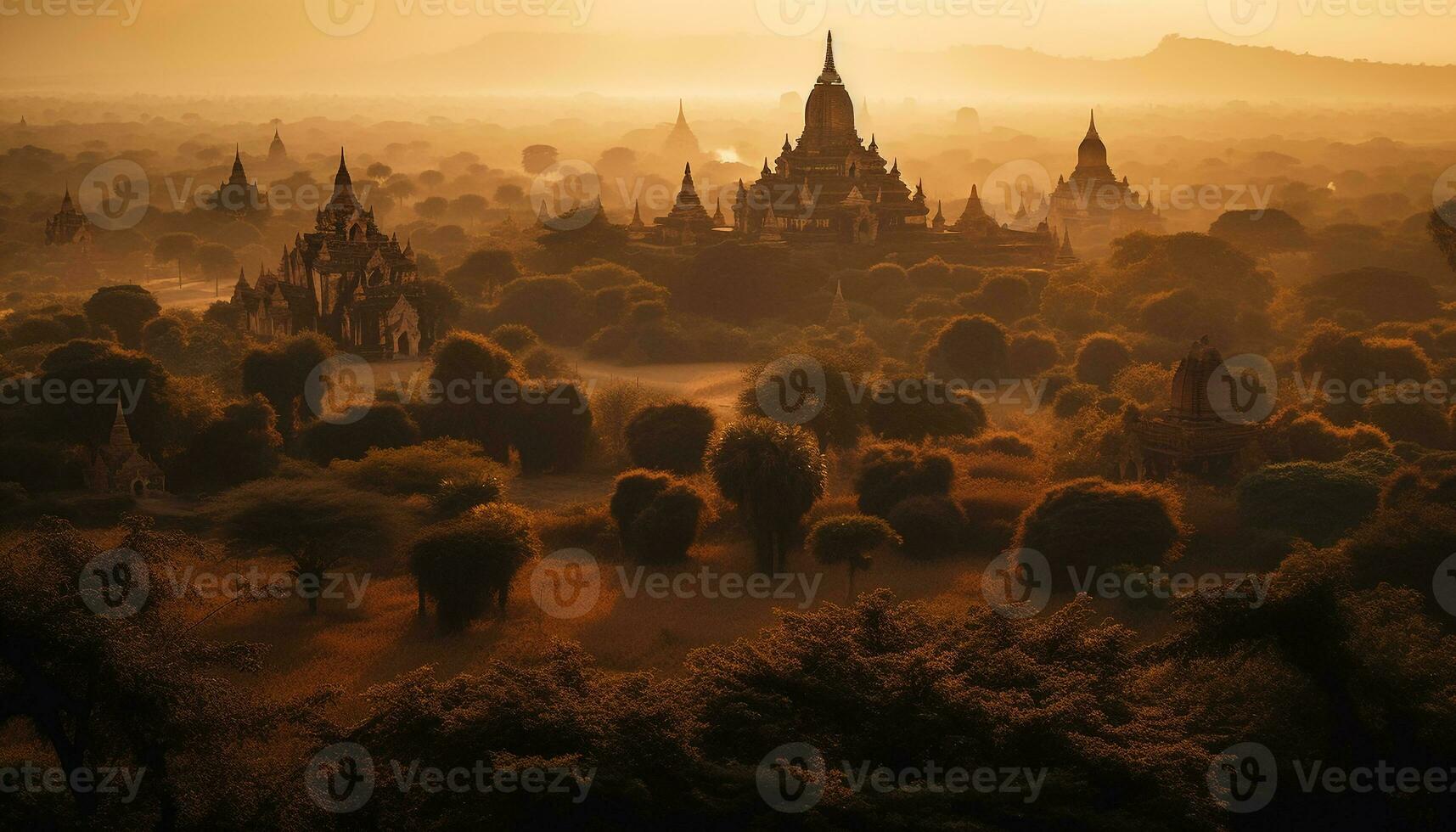 d'oro silhouette di antico pagoda a tramonto generato di ai foto